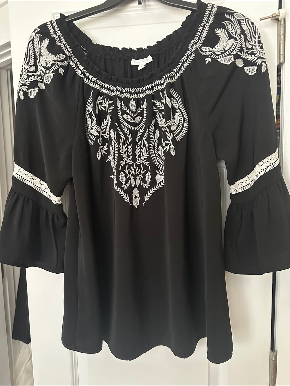 Charter Club Black Blouse with White Floral Embroidery